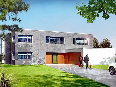 Z397 Проект двухэтажного дома в стиле кубизм, подходит для строительства на узком участке.